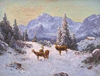 冬天带着背包的鹿`Hirsch mit Rudel im Winter by Ludwig Sckell