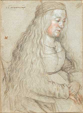 坐着的新娘留着飘逸的头发，戴着头巾`Seated bride with flowing hair and headband (1460 – 1524) by Hans Holbein The Elder