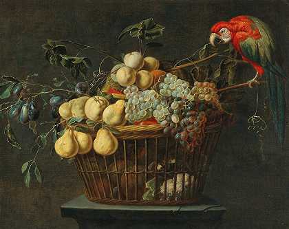 阿德里安·范·乌得勒支《一篮水果和一只鹦鹉的静物画》`Still life of a basket of fruit with a parrot by Adriaen van Utrecht