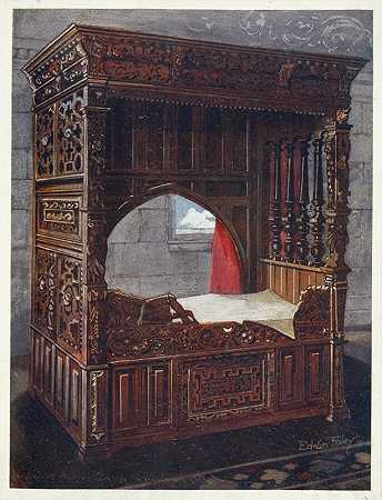 珍妮·D&雕刻橡木床架阿尔布雷特，埃德温·福利于1562年创作`Carved oak bedstead of Jeanne DAlbret, dated 1562 (1910 ~ 1911) by Edwin Foley