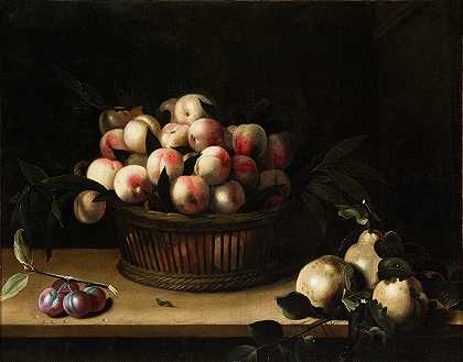 一筐桃子、木瓜和李子`Basket of Peaches, with Quinces, and Plums (after 1641) by Louise Moillon