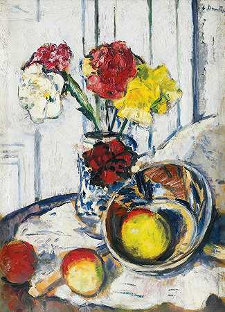 乔治·莱斯利·亨特的蓝色花瓶中苹果和花朵的静物画`Still Life Of Apples And Flowers In A Blue Vase by George Leslie Hunter