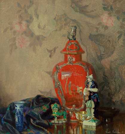 艾米尔·卡尔森（Emil Carlsen）的红色瓮和亚洲雕像静物画`Still Life with Red Urn and Asian Figurines (1886) by Emil Carlsen