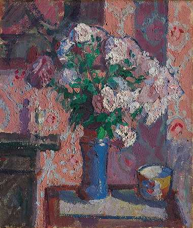 哈罗德·吉尔曼蓝色花瓶中的玫瑰`Roses in a Blue Vase (circa 1914~15) by Harold Gilman