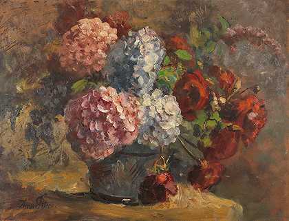 安娜·彼得斯的绣球花和玫瑰`Hortensien und Rosen (1900) by Anna Peters