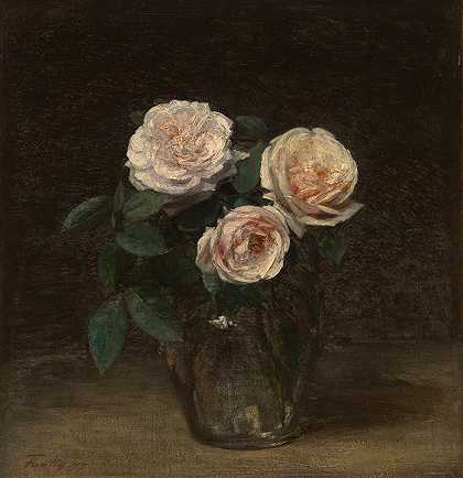 亨利·范丁·拉图尔的《玫瑰静物》`Still Life with Roses (1877) by Henri Fantin-Latour