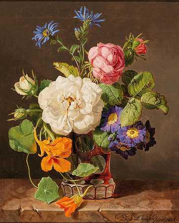 约瑟夫·劳尔的一束鲜花，上面有白玫瑰、红玫瑰、报春花和旱金莲花`A Bouquet of Flowers with White and Red Roses, Primroses and Nasturtium (1848) by Josef Lauer