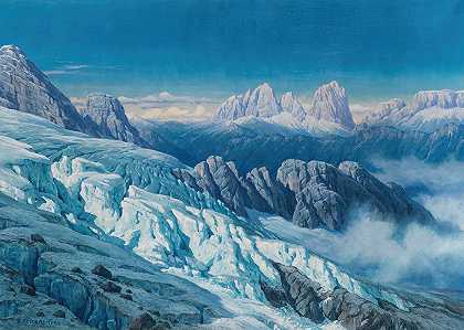 Marmolata冰川的Sassolungo群`Langkofelgruppe vom Marmolata~Gletscher (1920) by Rudolf Reschreiter