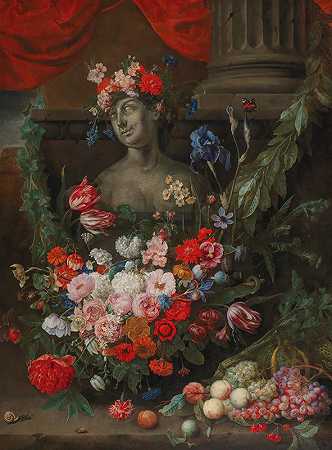乔里斯·范森（Joris van Son）的女神弗洛拉（Flora）半身像周围的水果和花朵`Fruit and flowers surrounding a stone bust of the Goddess Flora by Joris van Son