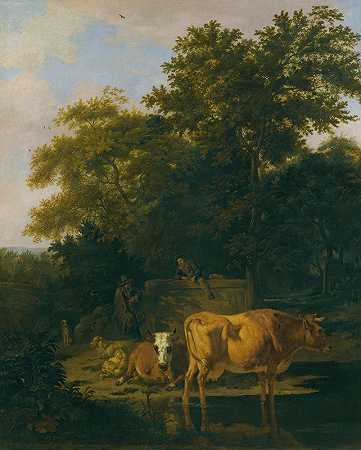 黄昏时分，树木繁茂，有两个牧人，一只狗，一只羊和一头牛`A wooded landscape at dusk, with two herdsmen a dog, sheep and cattle (1650) by Adriaen van de Velde