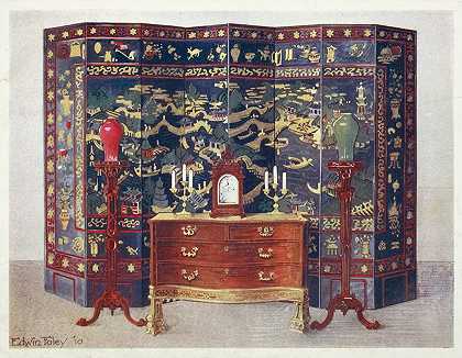 受埃德温·福利法国影响的弯曲便桶桌奇本德尔`Curved commode table–Chippendale under French influence (1910 ~ 1911) by Edwin Foley