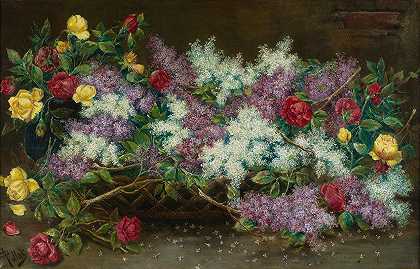 八月波拉克的紫丁香和玫瑰`Lilacs And Roses by August Pollak