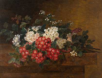 约翰·劳伦兹·詹森的《山楂花静物》`Still Life with Hawthorn Blossom (1837) by Johan Laurentz Jensen