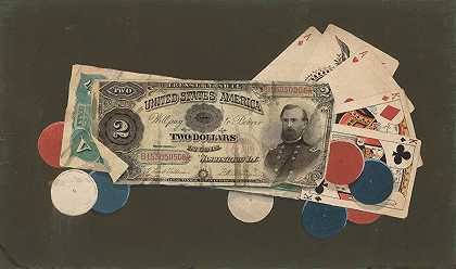 Trompe lOeil——一个满屋子的筹码，2美元和5美元的匿名账单`Trompe lOeil – A Full House with Chips, $2 and $5 Bills (c. 1895)