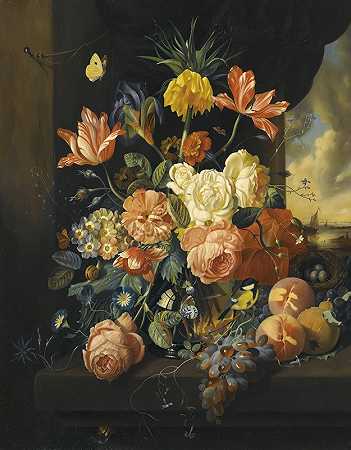 Josef Holstayn的郁金香、玫瑰和水果静物画`Still life with tulips, roses and fruit by Josef Holstayn