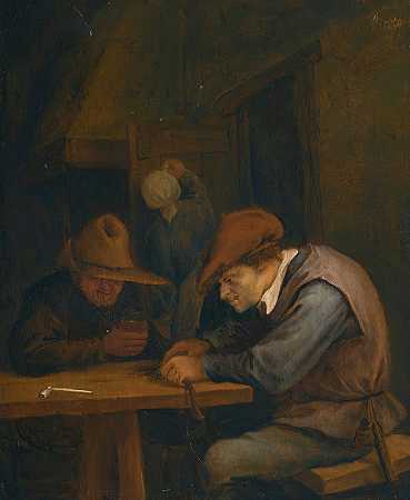 农民们在客栈里喝酒切烟`Peasants drinking and cutting tobacco in an inn by Jan Steen