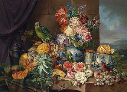约瑟夫·舒斯特的《水果、花朵和鹦鹉的静物》`Stillleben Mit Früchten Blumen Und Papagei (1836) by Josef Schuster