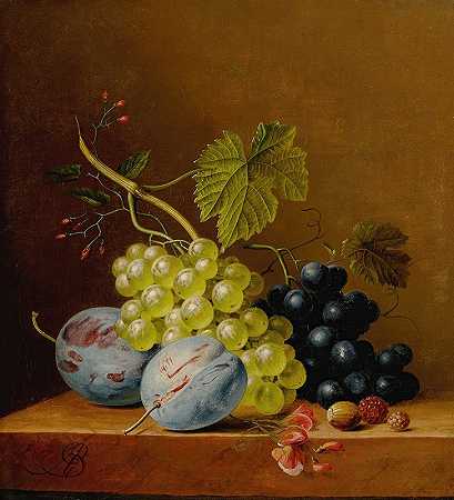 葡萄、李子、覆盆子、花朵和一颗橡子放在阿诺德斯·布卢埃默斯（Arnoldus Bloemers）的木架上`Grapes, plums, raspberries, flowers and an acorn on a wooden ledge by Arnoldus Bloemers