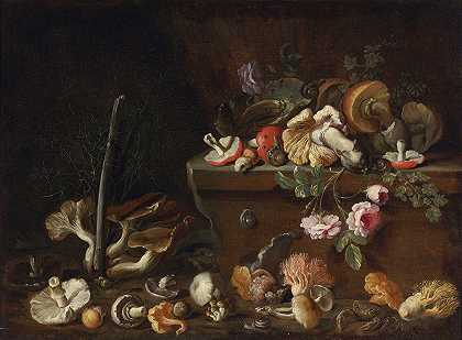 西蒙娜·德尔·丁托的《蘑菇与花朵静物》`Still Life With Mushrooms And Flowers by Simone Del Tintore
