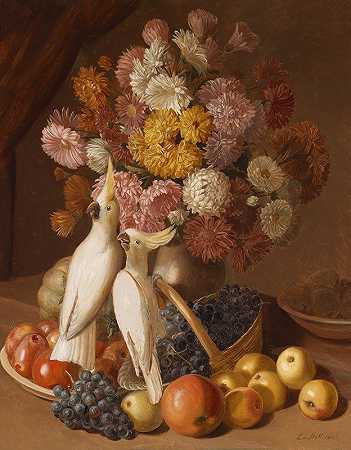 Leopold von Stoll的《带水果和睡莲的花静物》`Blumenstillleben mit Früchten und Nymphensittichen (1842) by Leopold von Stoll