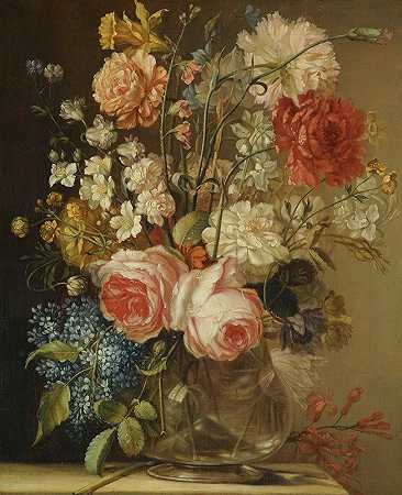 卢多维科·斯特恩（Ludovico Stern）在石壁架上的一个玻璃花瓶里放着玫瑰、水仙花和其他花朵的静物画`A Still Life With Roses, A Daffodil And Other Flowers In A Glass Vase On A Stone Ledge by Ludovico Stern