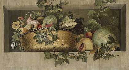 雅各布·范·坎本的《水果和花环静物》`Still Life with Fruit and Flower Garlands (1645 ~ 1650) by Jacob van Campen
