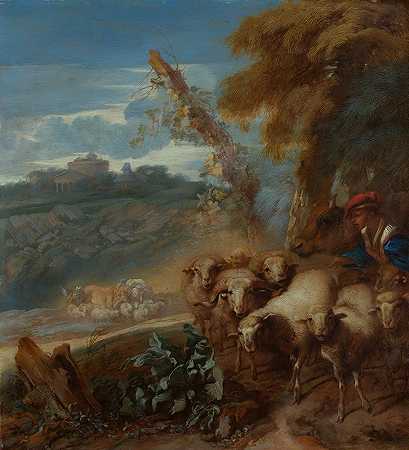 有牧羊人和绵羊的罗马风景`Roman Landscape with a Shepherd and Sheep (late 1640s) by Giovanni Benedetto Castiglione