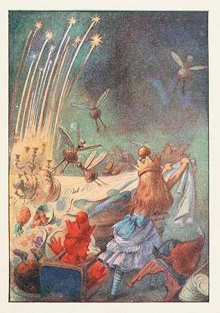 用力一拉，盘子、盘子、客人和蜡烛就哗啦一声掉了下来`One good pull, and plates, dishes, guests, and candles came crashing down (1911) by Sir John Tenniel