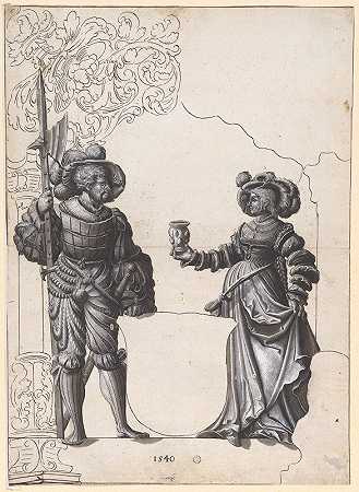 一个女人给一把戟和一件空的臂章送上欢迎饮料，切下眼泪`Scheibenriss mit Frau, die einem Hellebardier den Willkommtrunk reicht, und leerem Wappenschild (1540) by Hans Rudolf Manuel