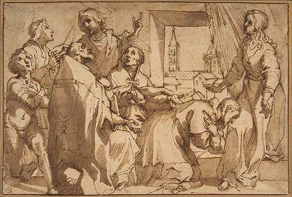 红衣主教保罗·斯芬拉托跪在圣塞西莉亚面前，随行`Cardinal Paolo Sfondrato Kneeling Before Saint Cecilia, Accompanied by other Saints (1563–1610) by other Saints by Francesco Vanni