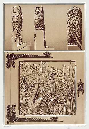 鹦鹉，鹰，雕刻的木头。天鹅和鸢尾花，雕刻木门。`Perroquets, aigle, bois sculpté. Cygnes et iris, porte en bois sculpté. (1897) by Maurice Pillard Verneuil