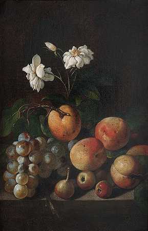 《无名氏》带水果和白玫瑰的静物画`Still Life with Fruit and White Roses (17th century)