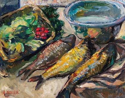 布朗西亚·科勒·皮内尔的《三条鱼静物》`Still Life With Three Fish by Broncia Koller-Pinell