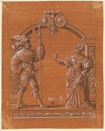 与一位女士向Landsknecht餐厅递上欢迎饮料，切碎饮料`Scheibenriss mit Frau, die einem Landsknecht den Willkommtrunk reicht (1543) by Hans Rudolf Manuel