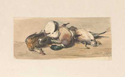 康奈利斯·斯普林格的《静物与四只鸭子》`Stilleven met vier eenden (1844) by Cornelis Springer