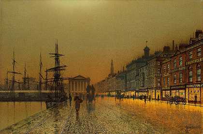 晚上的格林诺克港`Greenock Harbour at night (1893) by John Atkinson Grimshaw