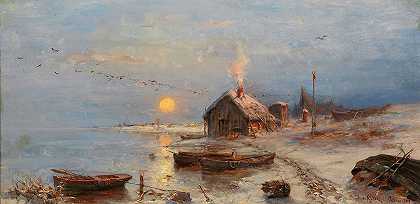 波罗的海沿岸的一个渔村`A fishing village on the Baltic coast by Julius Sergius Klever
