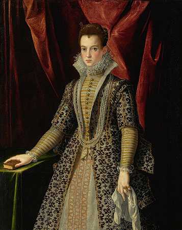 一位身穿刺绣连衣裙和珍珠的年轻女士的肖像`Portrait Of A Young Lady In An Embroidered Dress And Pearls by Jacopo Zucchi