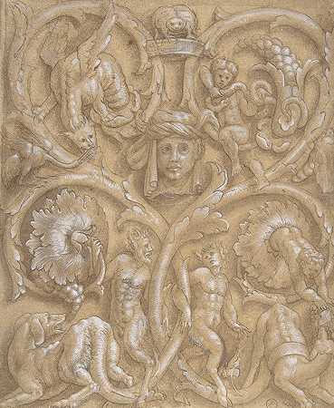 设计用于装饰面板，带有Rinceaux、Satyrs、Putti、怪物和人头`Design for an Ornamental Panel with Rinceaux, Satyrs, Putti, Monsters and a Human Head by Giulio Campi