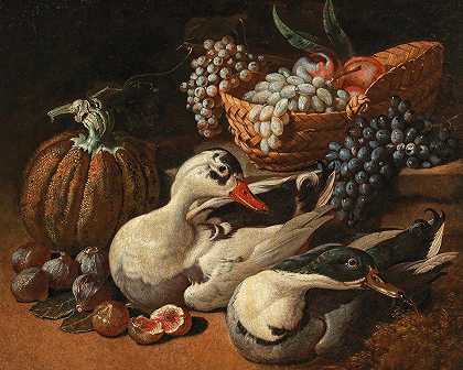 雅各布·范·德·科克霍温的《水果静物与一对鸭子》`A fruit still life with a brace of duck by Jacob van de Kerckhoven
