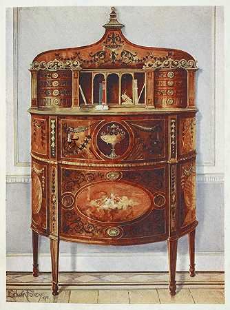 镶嵌和涂漆的缎木写字台柜，由Edwin Foley安装的ormolu`Inlaid and painted satinwood writing~desk cabinet, ormolu mounted (1910 ~ 1911) by Edwin Foley
