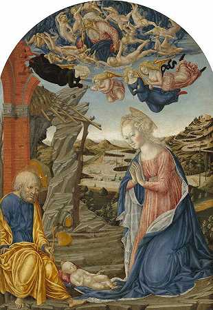耶稣降生，天父环绕`The Nativity, with God the Father Surrounded by Angels and Cherubim (c. 1470) by Angels and Cherubim by Francesco di Giorgio Martini