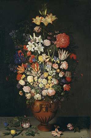 老年人安布罗修斯·博斯肖特的《带花瓶的静物》`Still Life with a Vase of Flowers (1620) by Ambrosius Bosschaert the Elder