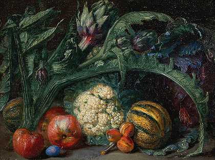 彼得·斯尼耶斯（Peter Snijers）的《窗台上的朝鲜蓟、苹果和西瓜》`Artichokes, apples and melons on a ledge by Peter Snijers