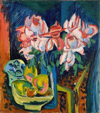 恩斯特·路德维格·基什内尔的《粉红玫瑰》`Pink Roses (1918) by Ernst Ludwig Kirchner