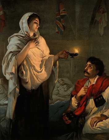 弗洛伦斯·南丁格尔（Florence Nattingale）拿着灯看病人她在床边。`Florence Nightingale with her lamp at a patients bedside. by After Henrietta Rae