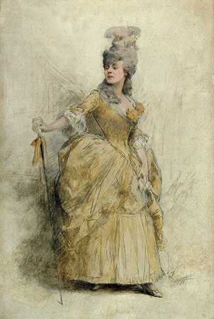 穿着舞台服装的雷简肖像（1856-1920）。`Portrait de Réjane (1856~1920) en costume de scène. (1888) by Théobald Chartran