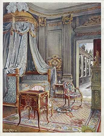 艾德温·福利的路易十六风格雕刻镀金圆顶床`Carved and gilt draped domed bed (lit a couronne), style Louis XVI (1910 ~ 1911) by Edwin Foley