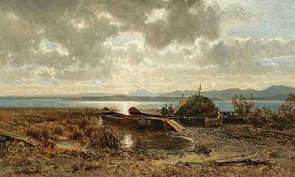 傍晚的基姆湖`Lake Chiemsee in the Evening (1870) by Robert Russ