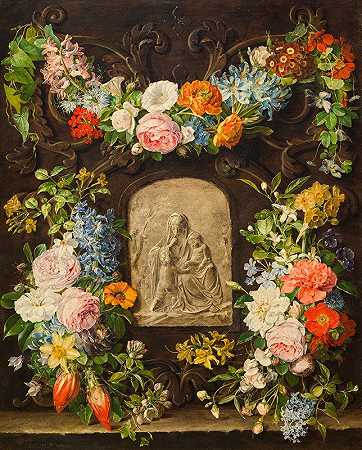 波琳·考德尔卡·施梅林的带有麦当娜浮雕的花环`Blumenkranz mit Madonnenrelief (1834) by Pauline Koudelka-Schmerling